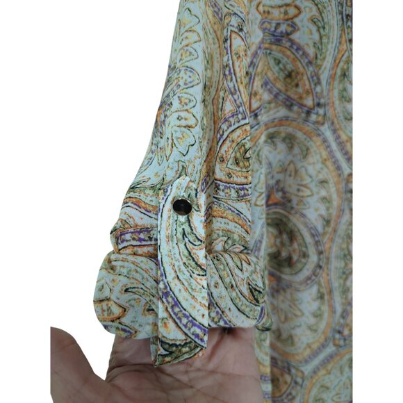 Chico's Paisley long tab sleeve asymmetrical orange‎ green cream tunic sz 1 sz 8 - Picture 6 of 16